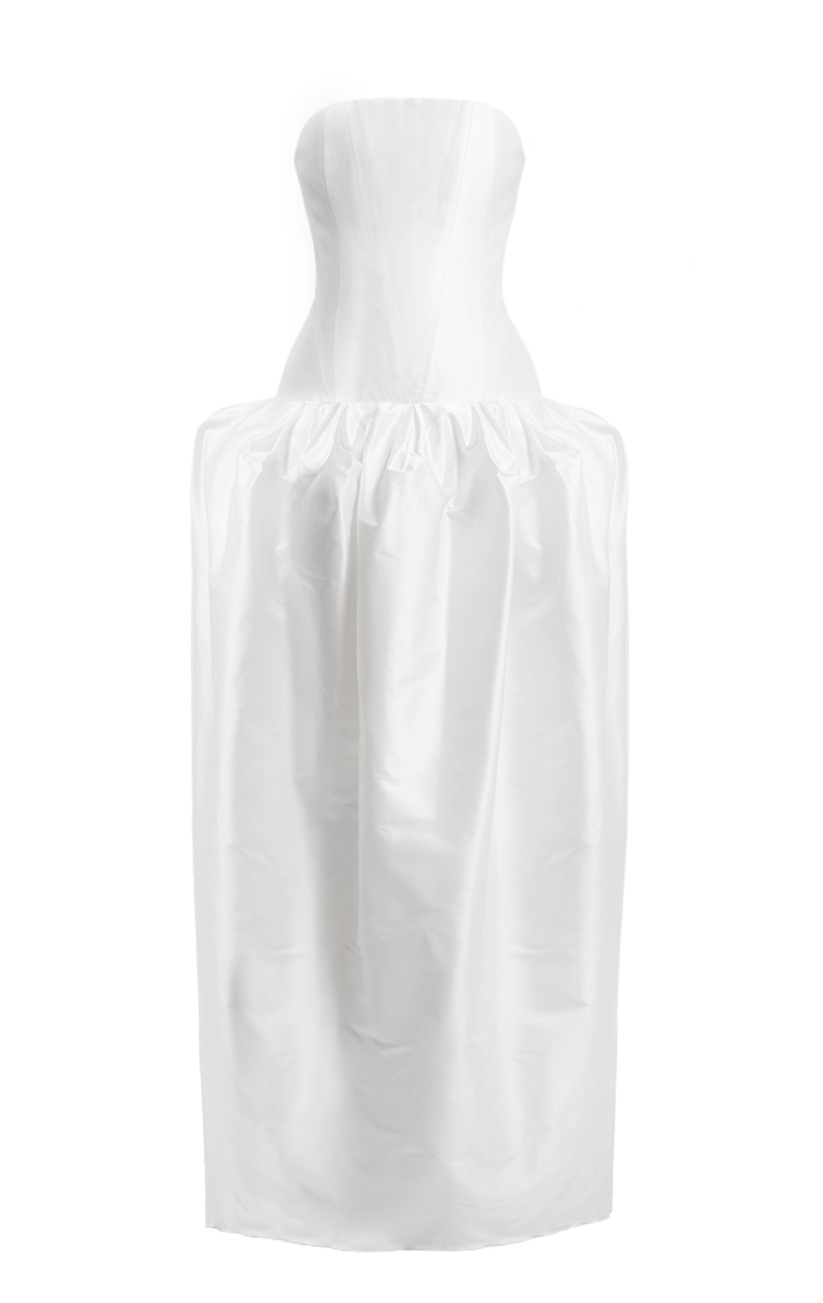 A white strapless taffeta dress with a structured, hourglass-shaped bodice and a voluminous, gathered skirt, shown against a plain white background.