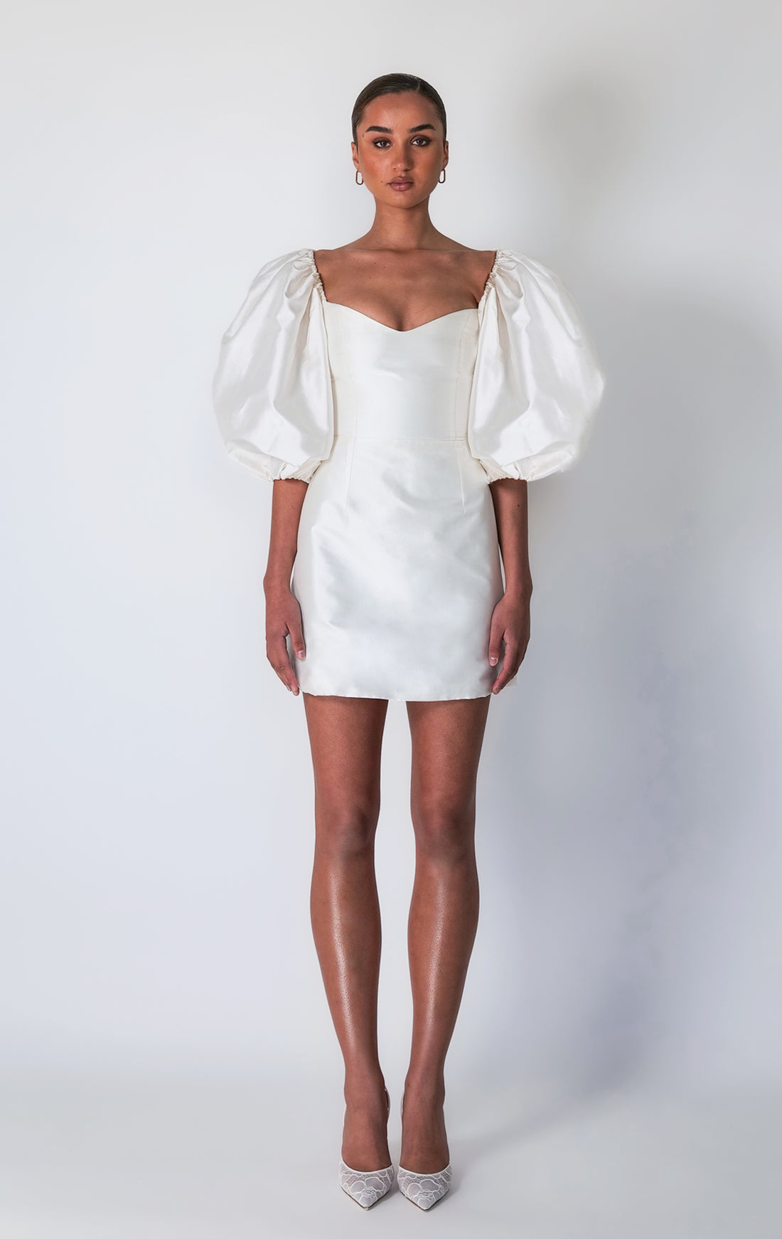 Volume Sleeve Mini Dress Cream Brown main image 0