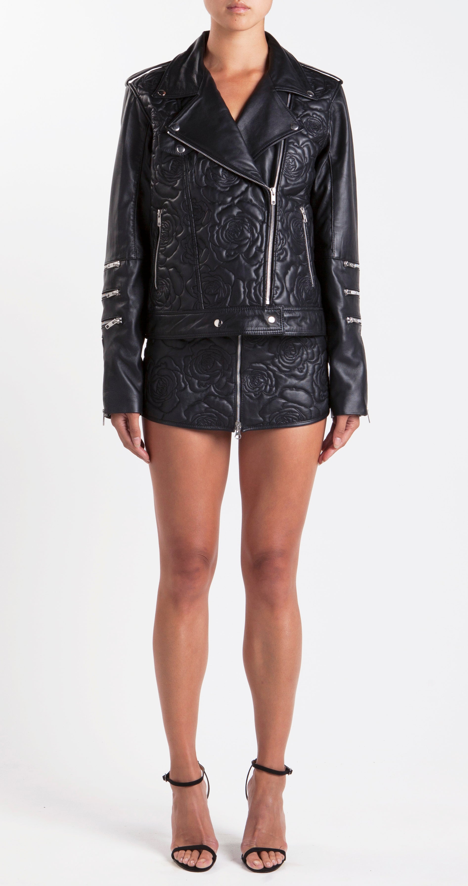 Roses In Silver Vases Embroidered Leather Jacket On Body
