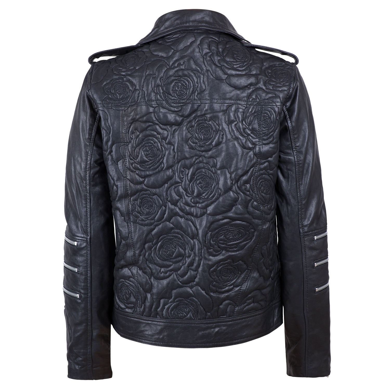 Roses In Silver Vases Embroidered Leather Jacket Back