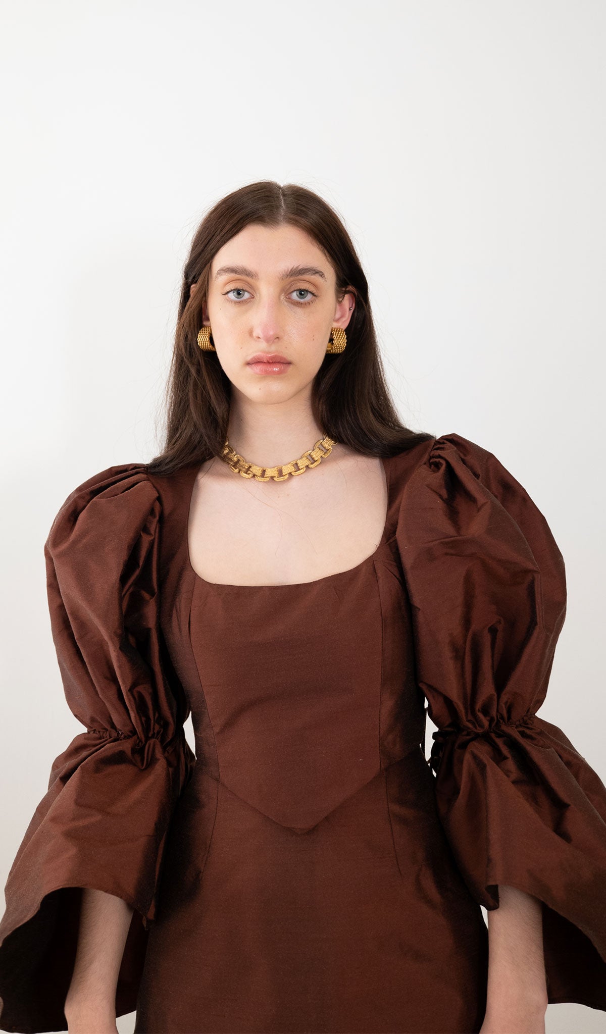 Neve Brown Puffy Sleeve Silk Mini Dress 2 / Chocolate Neve Brown Puffy Sleeve Silk Mini Dress 2 / Chocolate