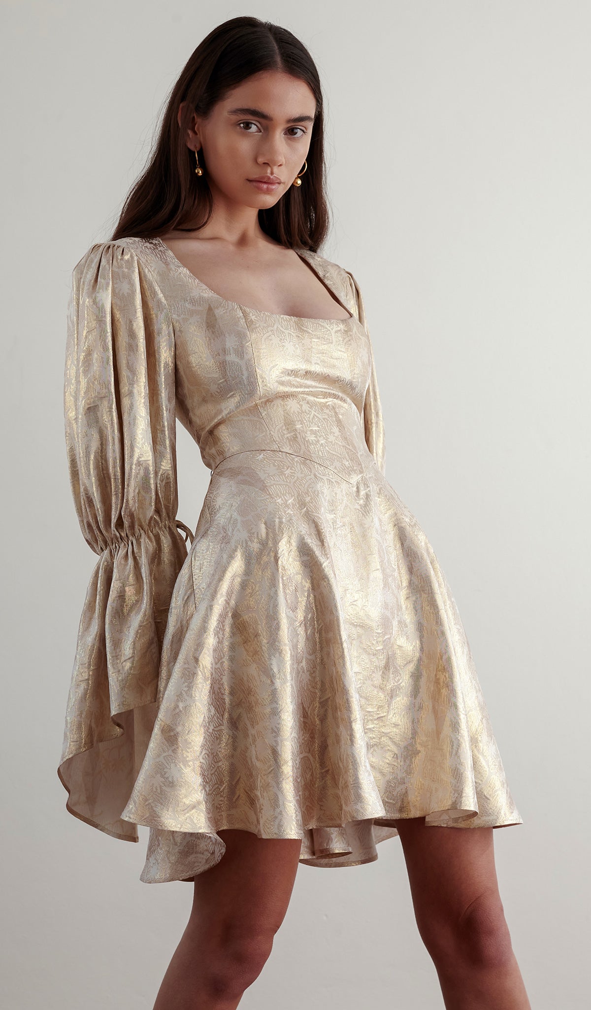 Metallic Silk Volume Sleeve Mini Dress